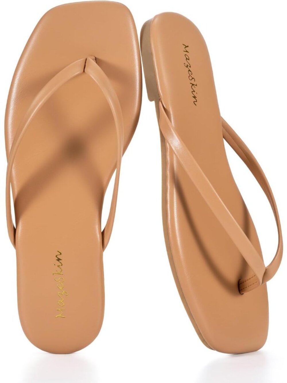 Women's Taupe Cushioned Square Toe Flat Memory Foam Thong Flip Flops Sandal